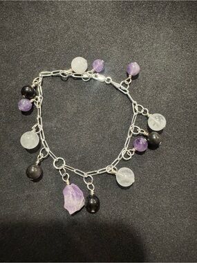 Handmade Amethyst, silver obsidian & Clear Quartz Charm Bracelet - Women Jewelry